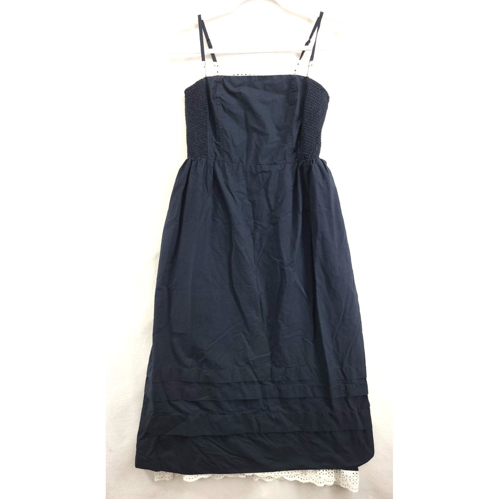 by Anthropologie Navy Blue Poplin Dress XS Pleated Eyelet Trim